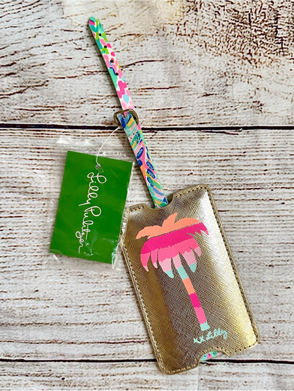NWT Lilly Pulitzer Gold Palm Tree Luggage Tag w. Blue Printed Address Holder